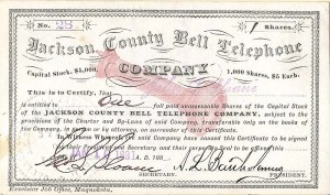 Jackson County Bell Telephone Co. - 1881 dated Iowa Telephone Stock Certificate